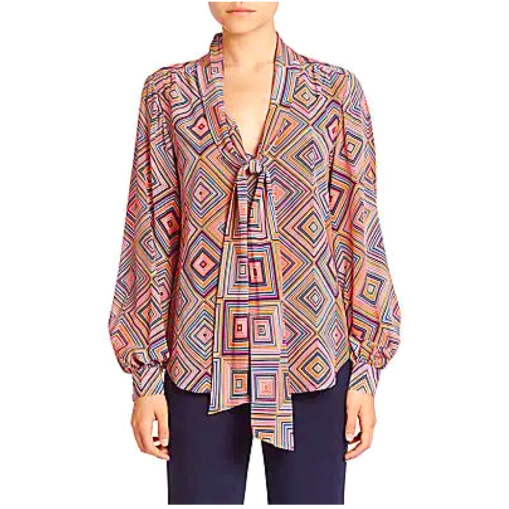 Trina Turk Bow Tie Silk Geometric Blouse Size XS‎